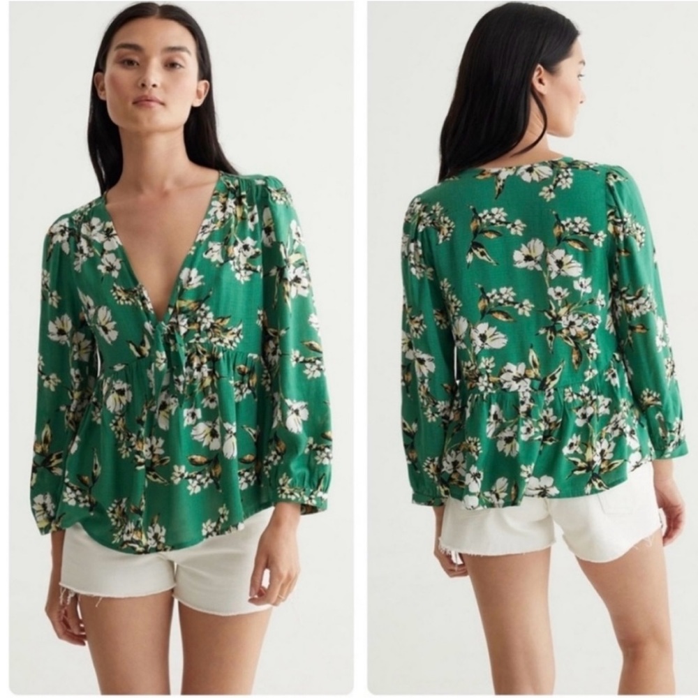 Lucky Brand Malia Peasant Top Blouse Green Floral Size XL